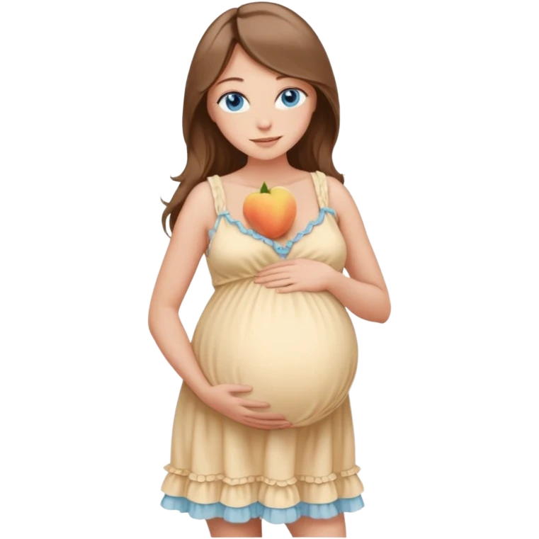 Beautiful Woman with Blue eyes, and long flowing almond brown hair and a light peachy tan skin tone, standing in a relaxed pose holding her visible pregnant belly in frilly buttercream colored babydoll sundress with cleavage showing emoji