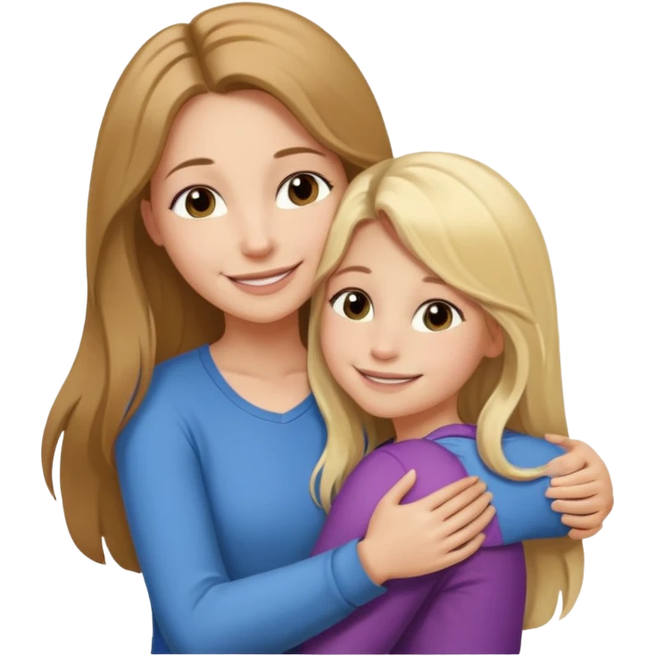 A beautiful mother with long brown hair hugging her cute 12yr old blonde hair daughter super happy emoji