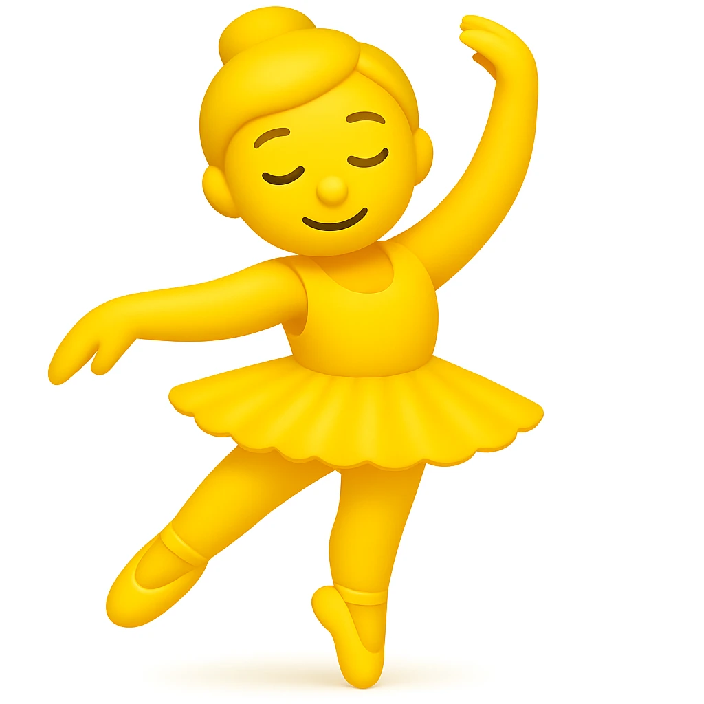 Keep the image just like the reference but make the skin color classic yellow emoji skin in iOS emoji style. Same pose, yellow tutu, elegant, smooth, and shiny. The style should resemble classic yellow iOS emoji skin tone and texture. emoji
