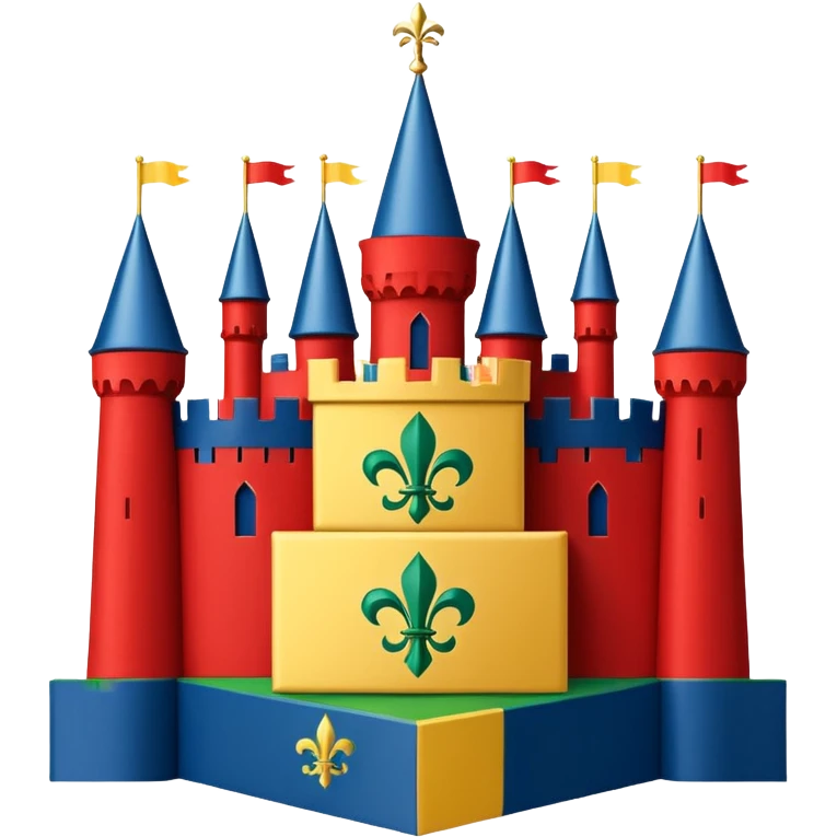  flag with 4 boxes: gold fleur-de-lis on deep blue/black; green, yellow, red stripes in upper right and lower left with green star in upper right; yellow castle on red in lower right. Flat vector, clean, high contrast, clear at small size. emoji