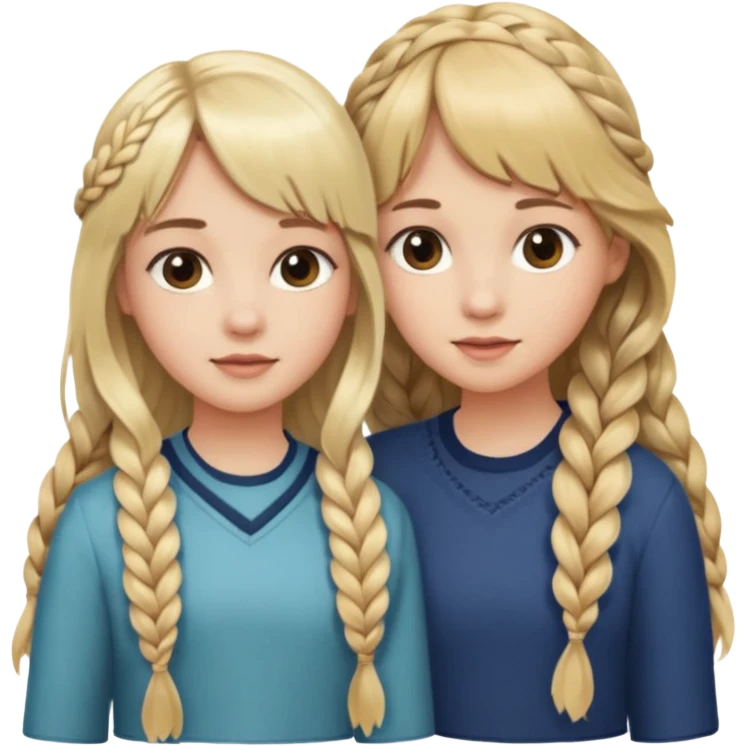 Sister with bangs and long wavy flowing blonde hair and her sister with long brown hair  braided to one side.  Close loving sisters💛 emoji