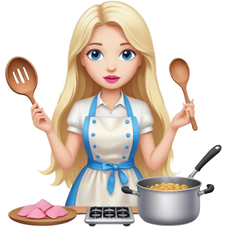 Cinematic realistic beautiful blonde with long hair, blue eyes and pink lips in a white dress cooks emoji