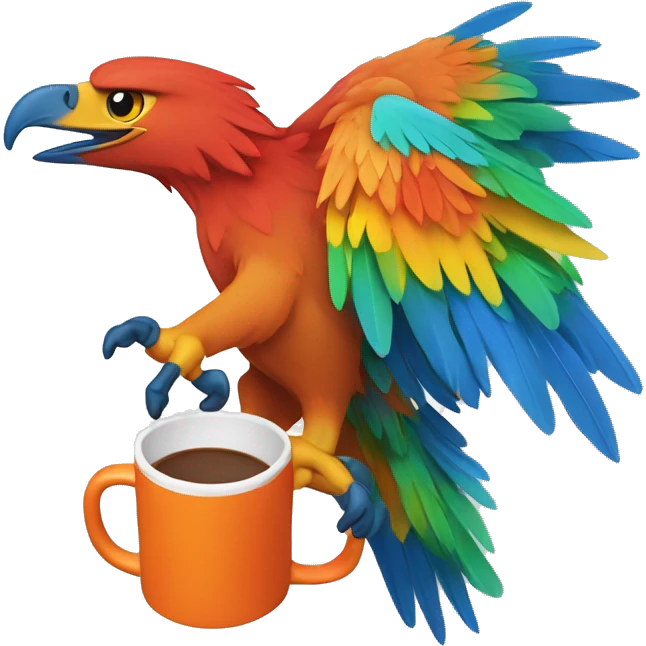 create a blue eagle with colorful wings in the colors: orange, red and green holding a mug. emoji