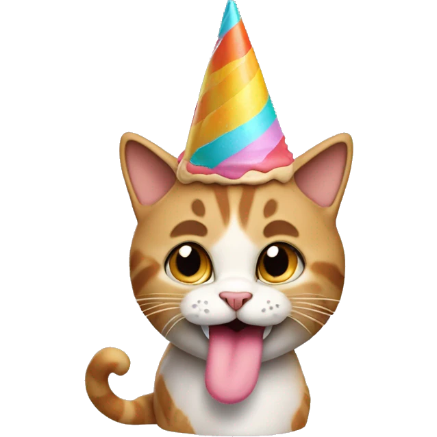 Cat wearing a birthday cone hat and licking an ice cream cone emoji