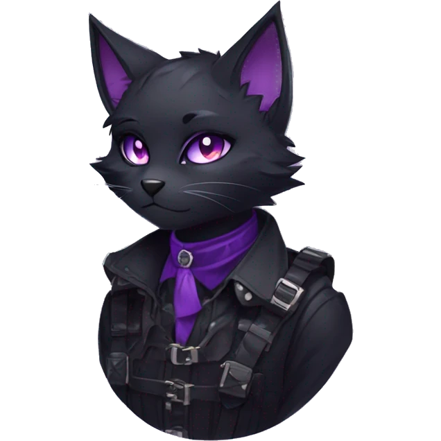 Gorgeous furry gothic dark techwear anime style anthro black cat furry sona Fakemon with blushing face aesthetic and pretty edgy black with violet collar and harness trending style emoji