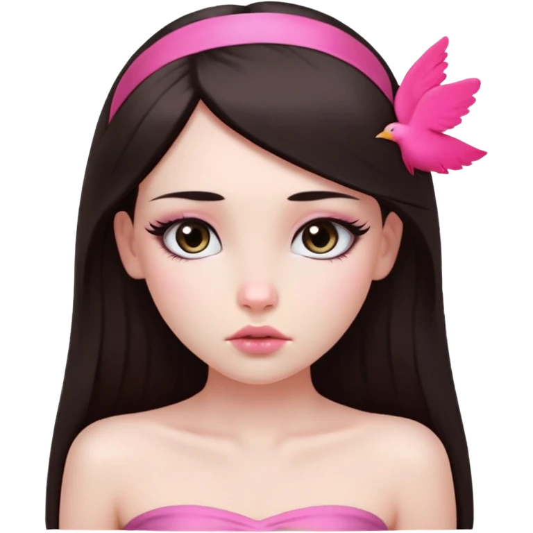 girl with white skin, dark brown long straight hair falling in front of her body, pouty shiny lips without cupid's bow, shiny large eyes with long eyelashes, lighter button nose, very long oval-shaped face, wearing a pink bandeau top with straight neckline, looking directly at camera with hands down at sides emoji