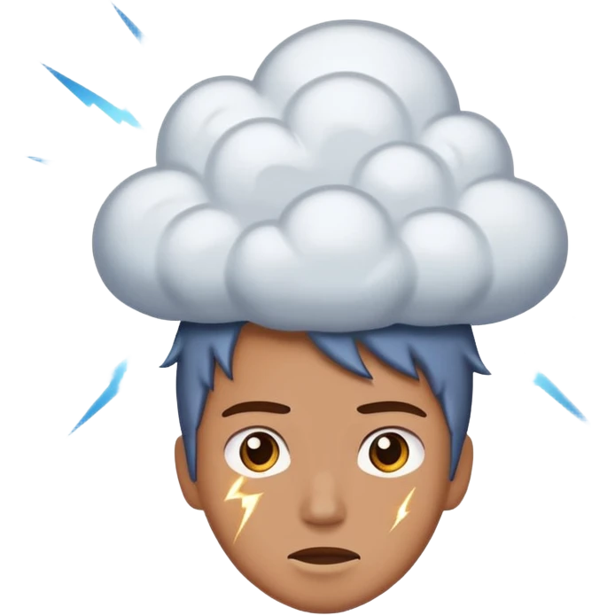 Tiny storm cloud exploding above a head, lightning frozen mid-strike emoji