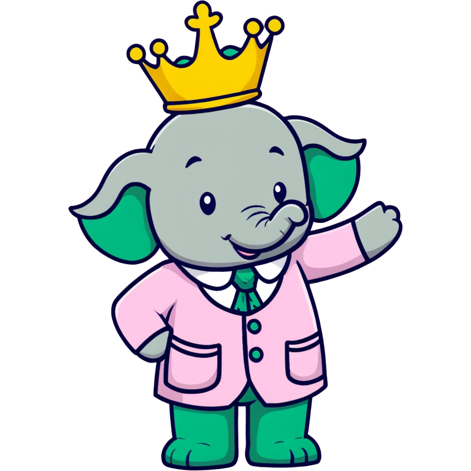 Babar the elephant king with crown and green suit emoji