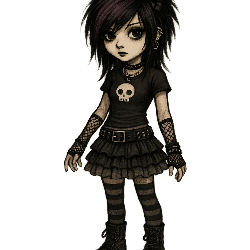 emo girl with layered skirt, fishnet gloves, gothic accessories emoji