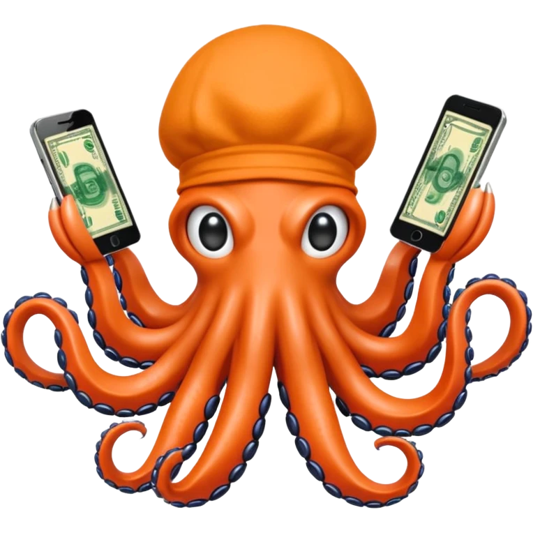 Intimidating octopus with pearl black skin, neon peach colored suction cups. Violent looking octopus is wearing a white balaclava and thick shiny gold necklace. 2 tentacles are holding their own cellphone, 2 more tentacles are holding stacks of money. emoji