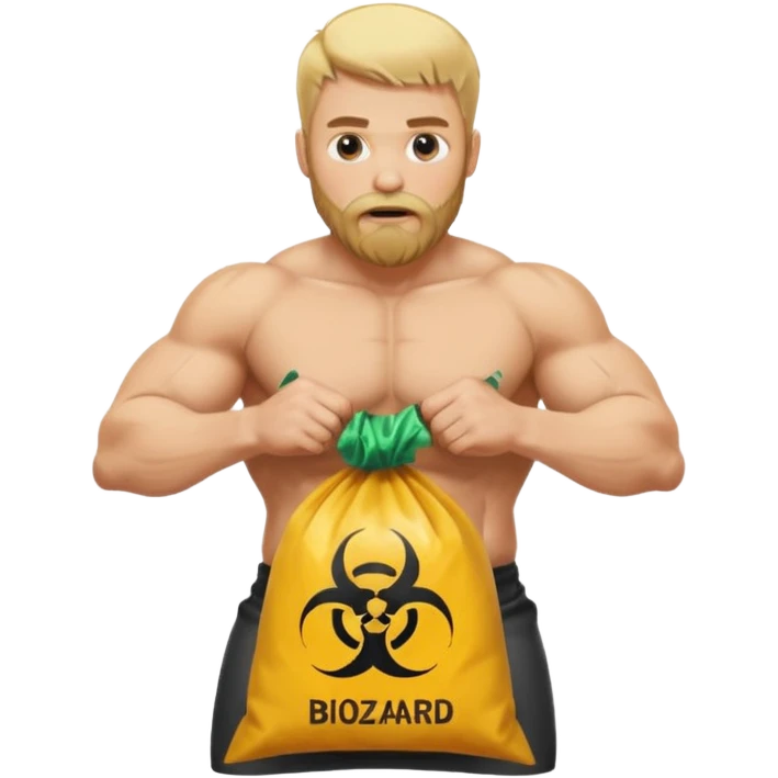 a muscular man wtih a blond short hair and beard shitting in a biohazard bag emoji