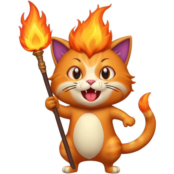 eggplant cat with a fire staff on fire screaming emoji