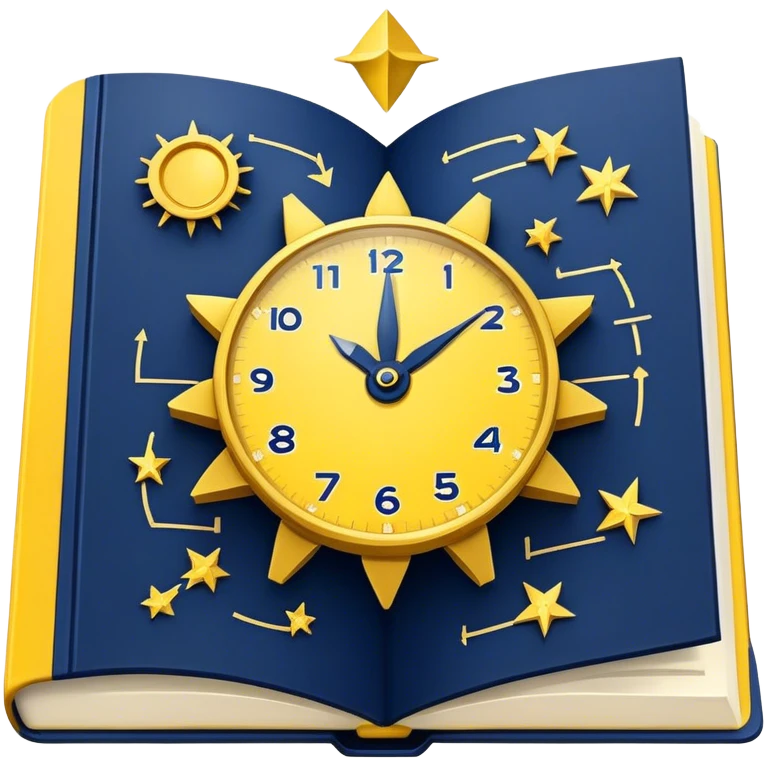 A yellow productivity book with navy blue and gold details, and chart with upward trend aura, radiating productivity, strategy, and success in motion with time and happiness yellow... power in time aura of happiness emoji