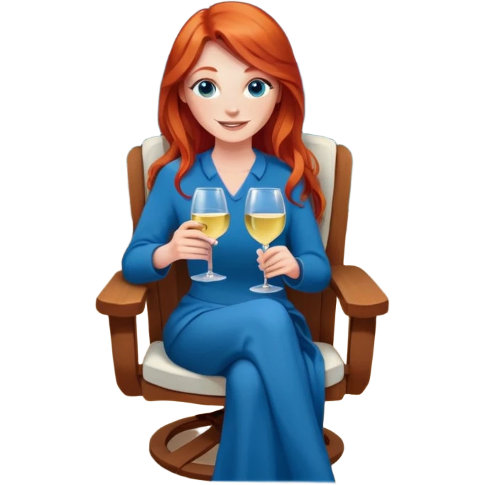 Happy redhead with long hair and blue eyes holding white wine sitting in chair fire pit emoji