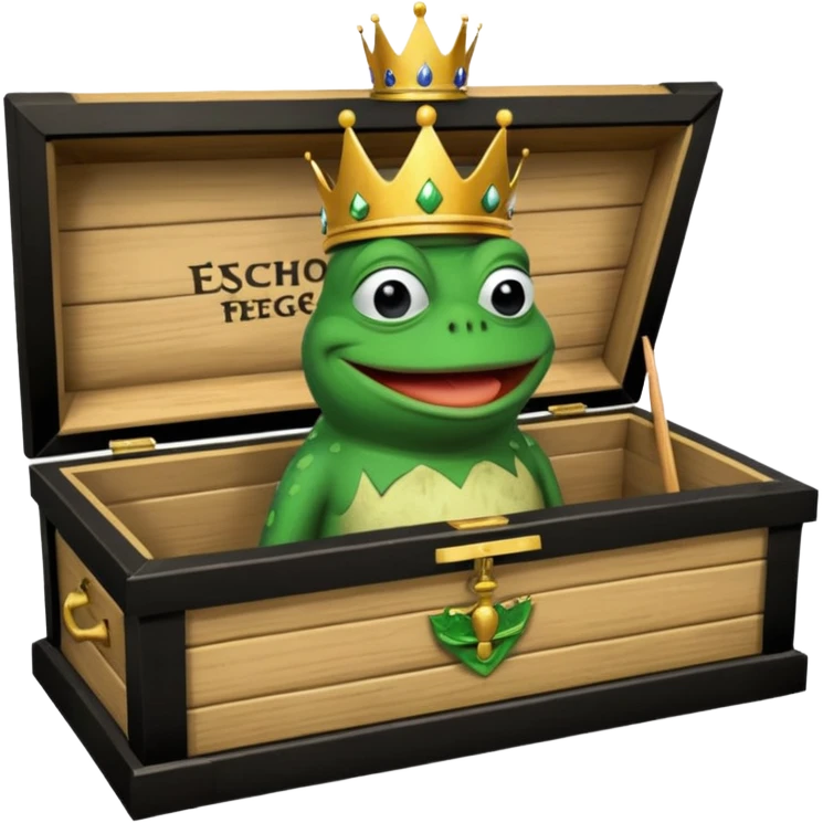 Emoji of an empty wooden coffin with its lid on top, the word ‘ECHO’ carved into the lid. The coffin is shown from the outside. A king-like Pepe the Frog, standing outside the coffin, is hammering nails into the lid to seal it shut. No character is inside the coffin. Not a treasure chest. emoji