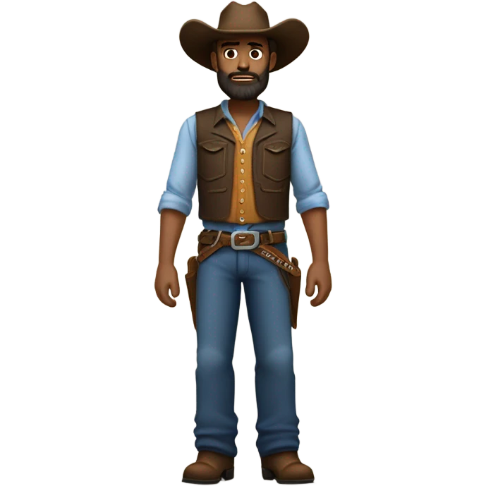 a rugged cowboy with a thick beard, wearing a blue vest over a classic western shirt. He should have a confident stance, showing full torso emoji