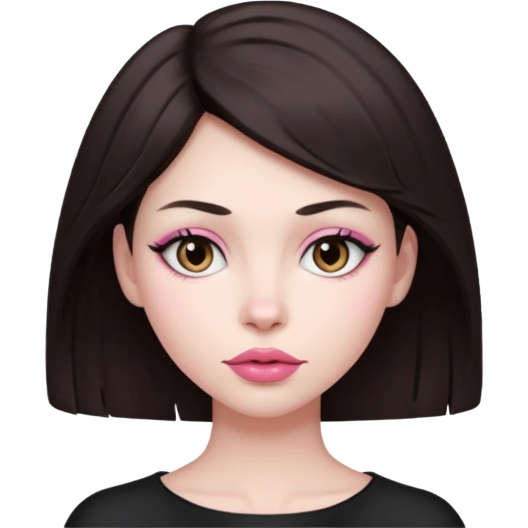 my hair is dark brown almost black, reaching my underarm. the haircut is wolfcut, pretty lasher hut not thick. slightly pink lips. emoji