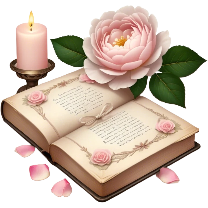 A beautifully aged book of poetry, open beside a softly glowing candle, with scattered blush pink rose petals and white peony blossoms decorating the vintage lace-covered surface.
 emoji