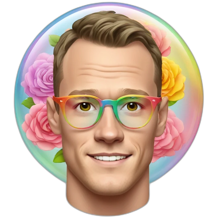 Jonathan Toews wearing glasses inside a rainbow bubble with pastel roses emoji