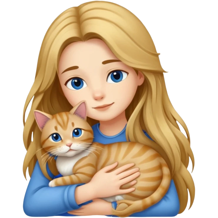 A long-haired girl hugs a blue-gold tabby cat emoji