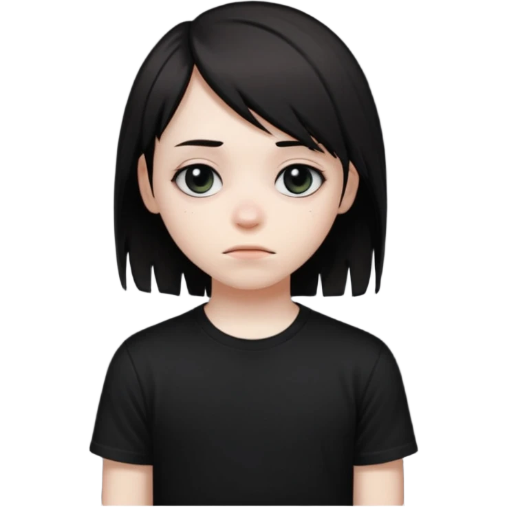 emo teen face only, dark hair over one eye, pale skin, shy expression emoji
