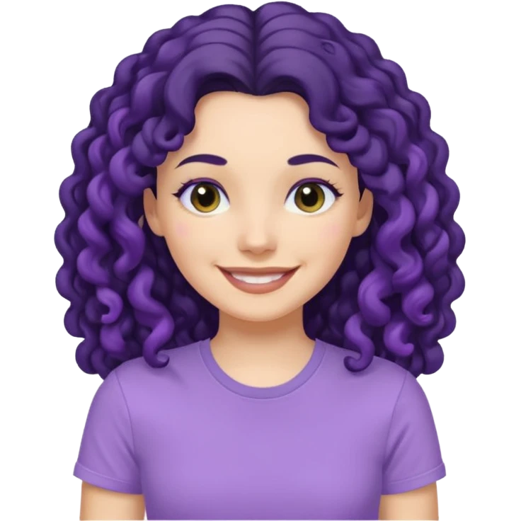 mujer blanca con cabello largo rizado negro sonriendo con camiseta lila emoji
