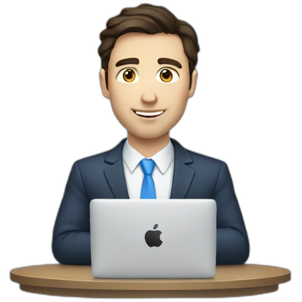 caucasian man with dark brown hair and  blue eyes wearing suit typing on a MacBook emoji