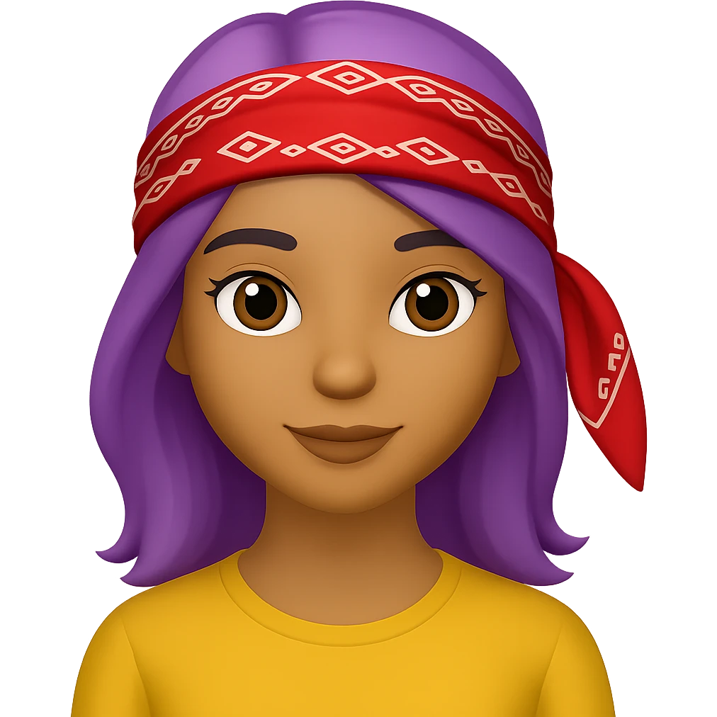 Create an image of a woman with a bandana and purple hair in the style of Apple emojis, with no background. The style should mimic the look of Apple emojis. emoji