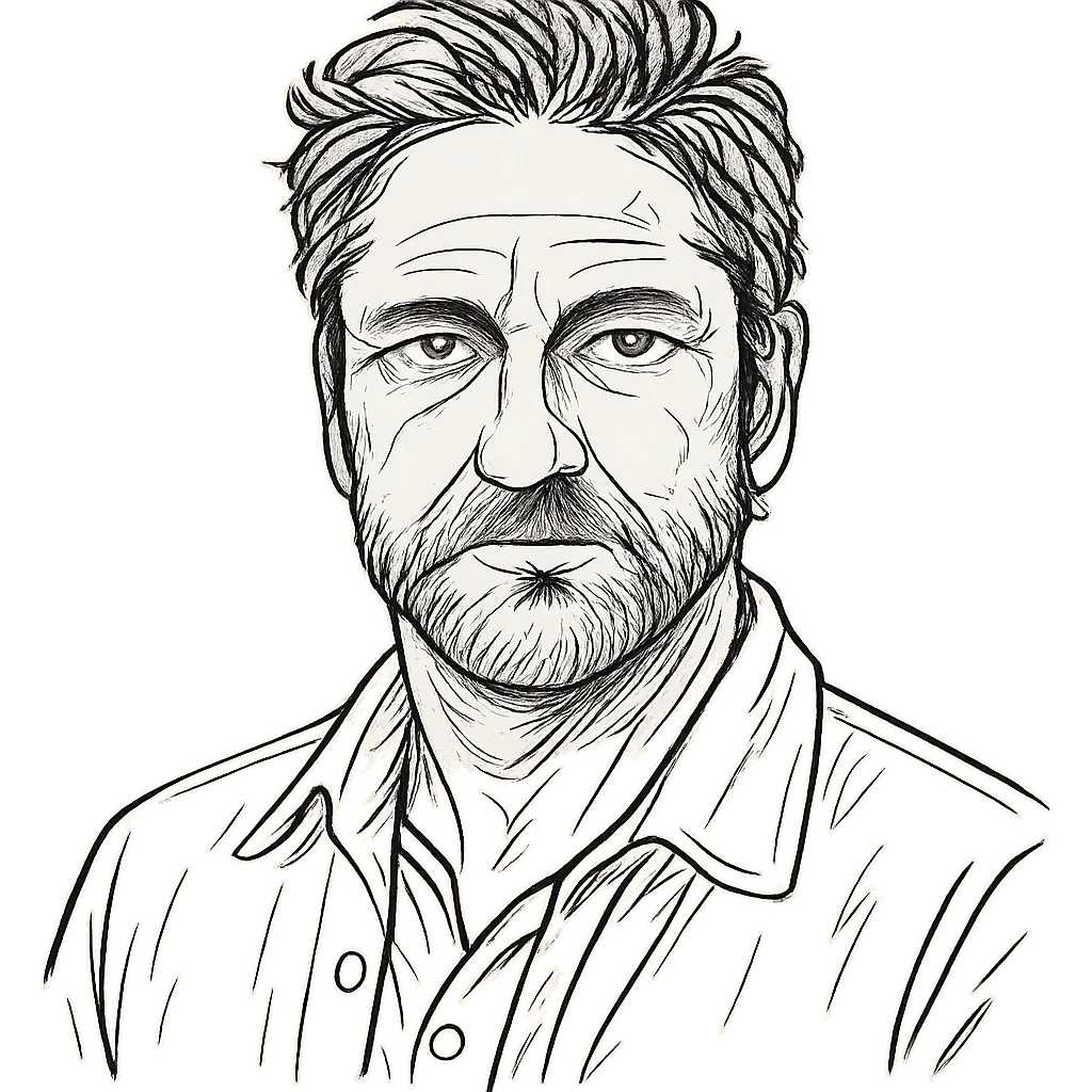 hand drawn outline style portrait inspired by Gerard Butler emoji