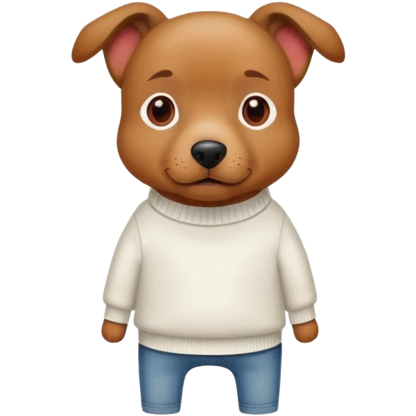 Brown dog standing upright with hands in jean pockets, wearing a white sweater and red shoes emoji