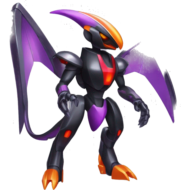a shiny metallic black-purple-red-orange Genesect-Flygon-Raptor-Fakémon-Medabot-hybrid with a futuristic visor-helmet full body emoji