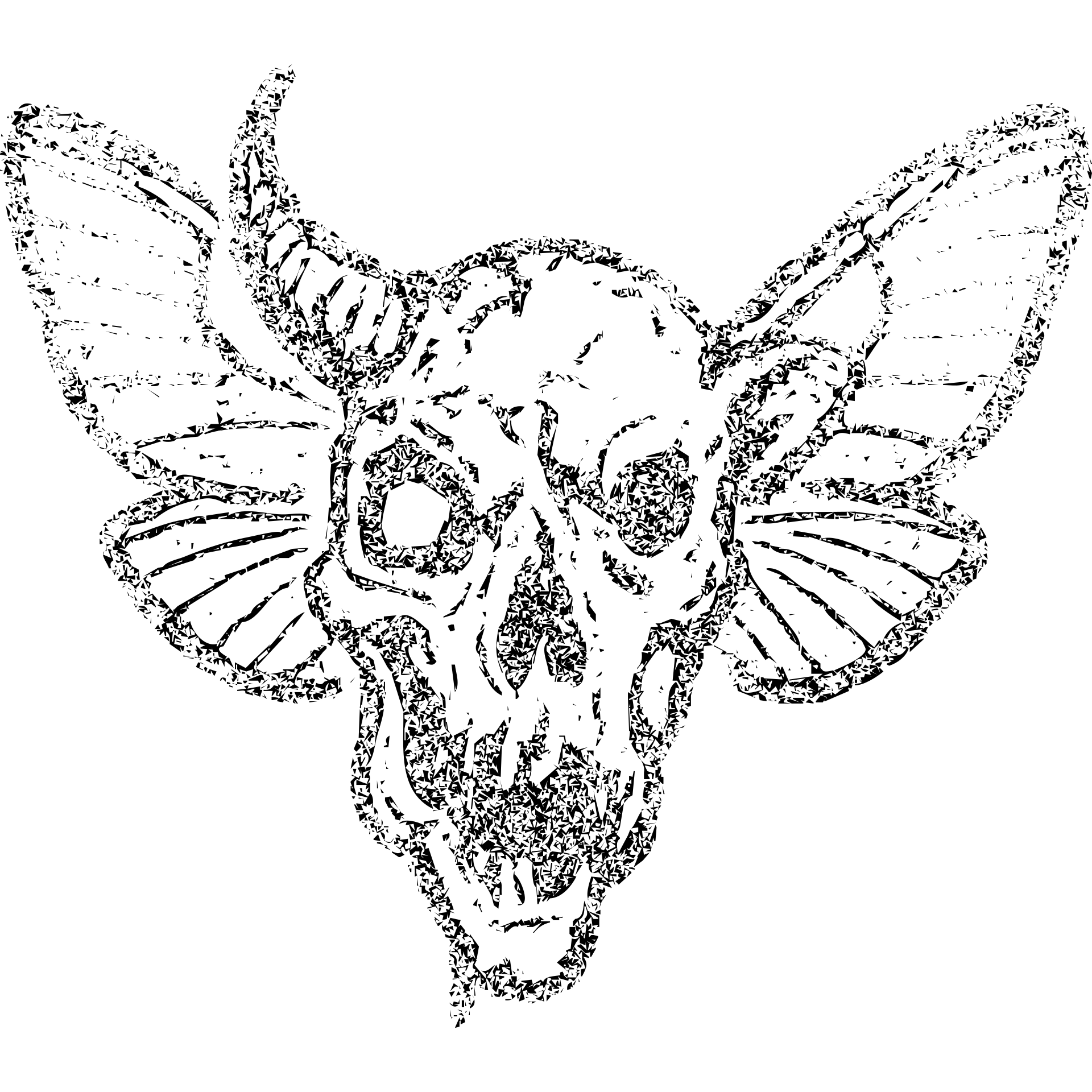 detailed red line art of nightmarish minotaur-stoat hybrid skull with broken horn and glowing eye, with moth wings, featuring mostly empty transparent center with detailed elements concentrated around the edges, heavily weathered perimeter with deliberate damage, hollow middle, twisted features, 100% red emoji