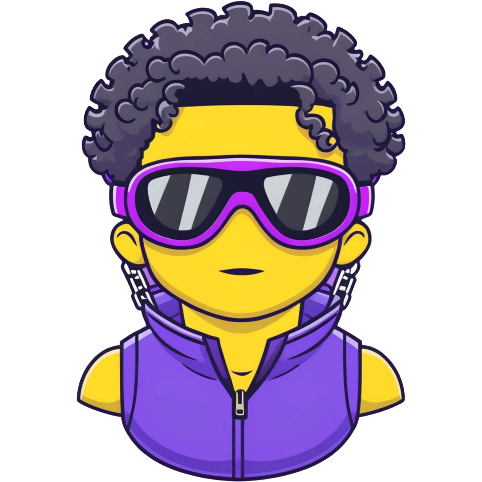 male athlete with white skin and moderately curly black hair on top with shaved sides, wearing ski goggles with purple frames and very dark black lenses, a simple plain black chain necklace, and a completely unzipped/wide open shiny purple vest fully revealing his chest and abs, no earrings emoji