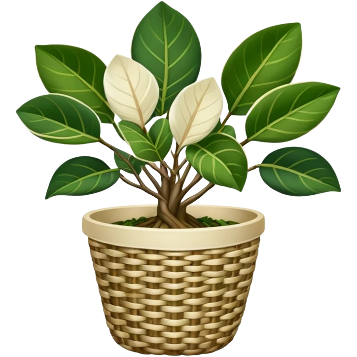 Elegant ficus elastica tineke rubber plant with shading and highlights in a cotton woven basket emoji