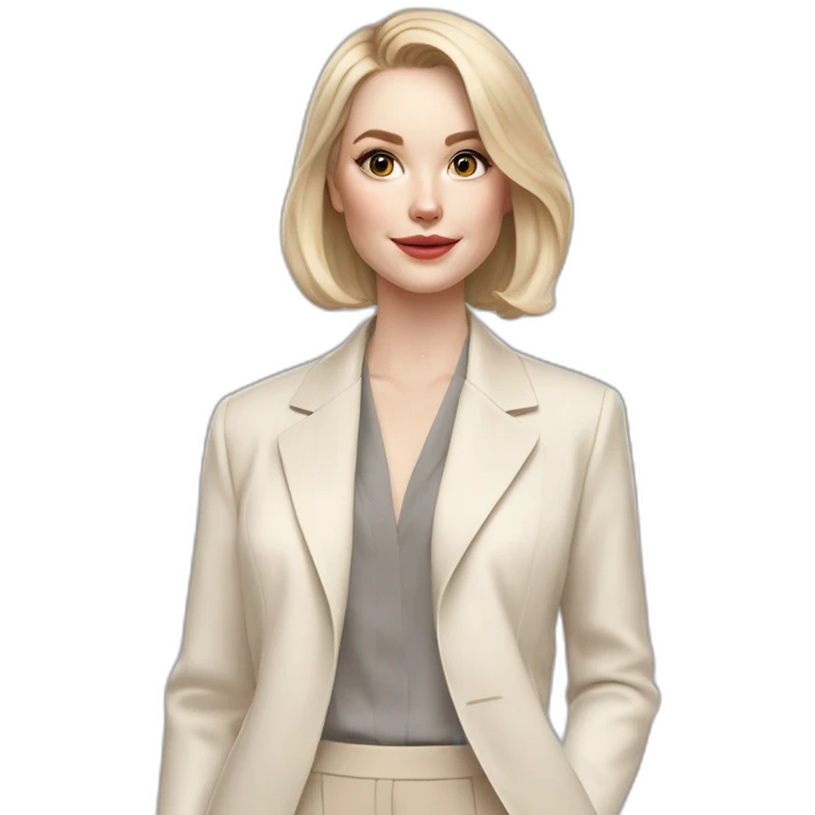 pale skin woman with ash blonde Straightened bob Hair, White Spacious classical jacket, beige palazzo Arrow pants and gray blouse holding a color palettes in the hands emoji