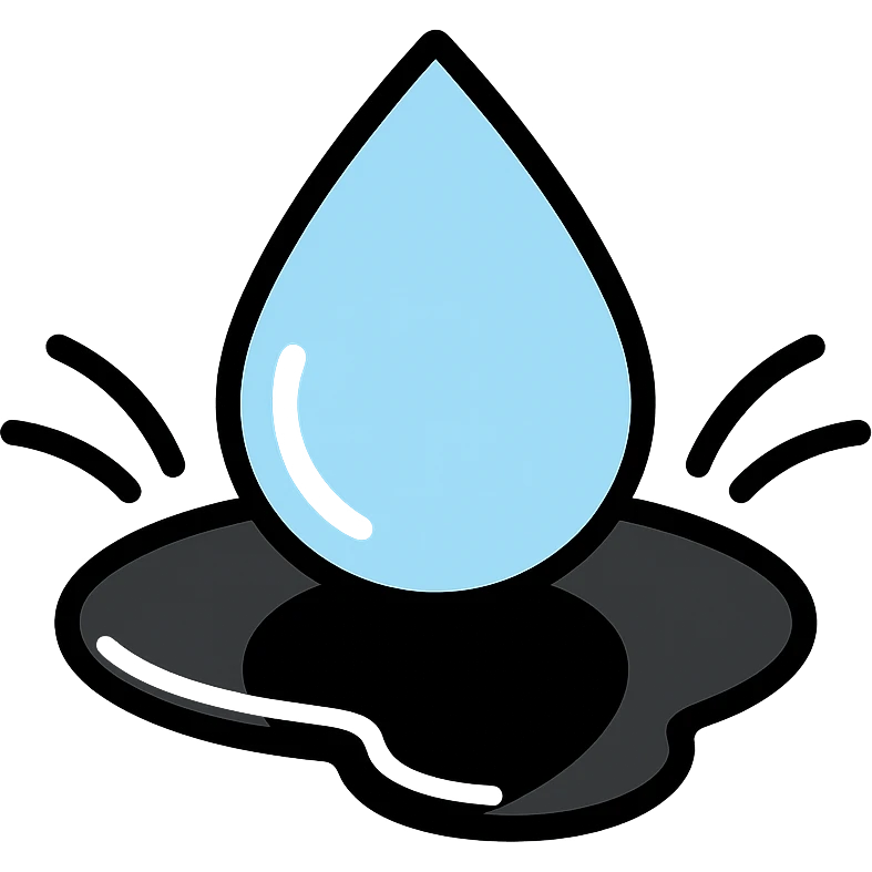 light blue or silver water droplet sliding on glossy black mirror-like paint, main color glossy black, subtle repellent effect with water lines moving away, modern and clean icon emoji