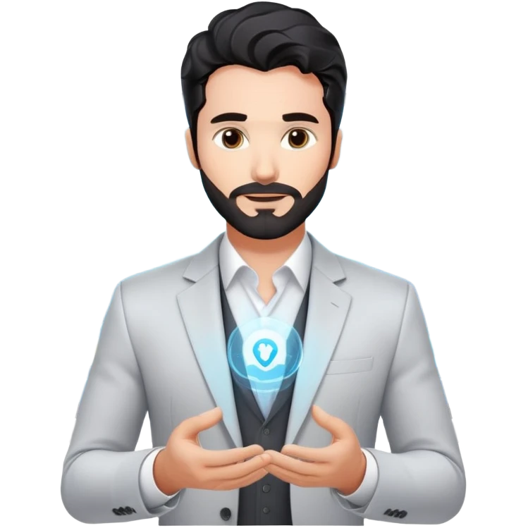 Professional 35-year-old man with black wavy hair, stubble, strong jawline, white skin tone, wearing smart casual business attire, interacting with holographic digital display, surrounded by tech elements, innovative business strategist emoji