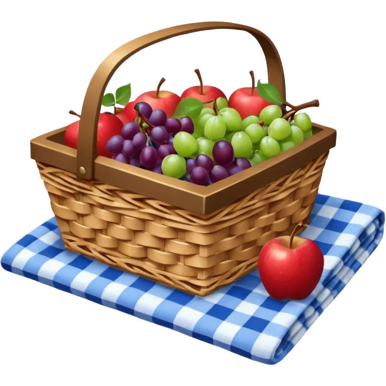 A picnic basket was filled with fruit, placed on a blue and white checkered picnic blanket, and topped with a blue ribbon. emoji