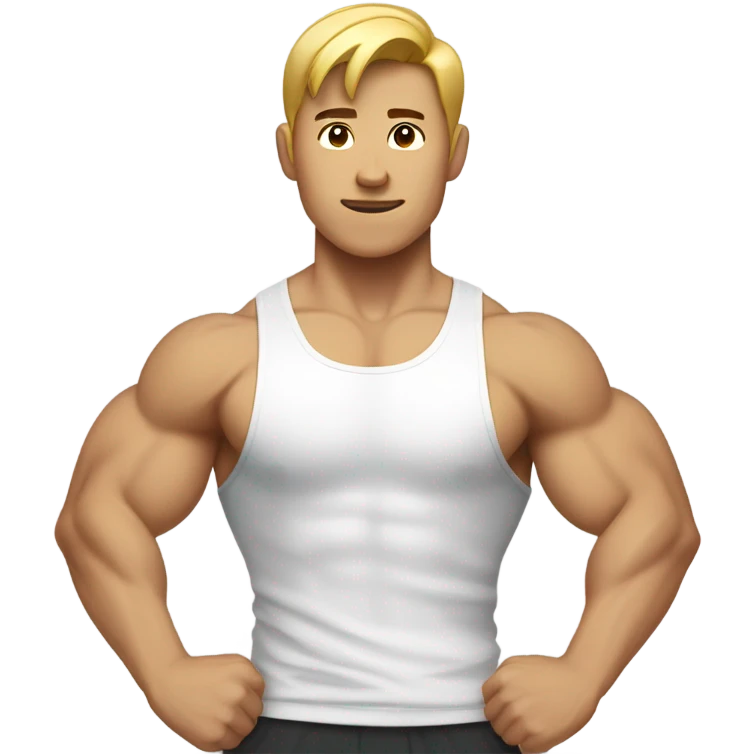 asian personal trainer short golden hair white vest man flexing bicep emoji