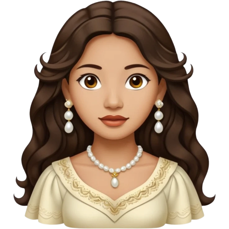 Tan Filipino woman with dark brown eyes and long dark wavy hair parted in the middle wearing a traditional filipiniana and white pearl stud earrings emoji