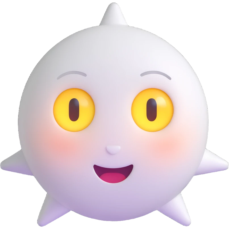 minimalist cartoon face like Marshmello, clean white round head, glowing star-shaped eyes, soft techy smile, smooth matte texture, no hair, high contrast, emoji-style, iconic branding, centered, front view emoji