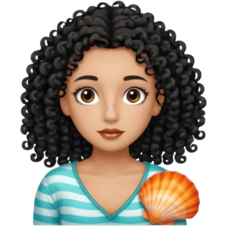Tanned face with sea-salt black curls and a freckled nose, long full eyelashes, seashell hair clips, long hair emoji