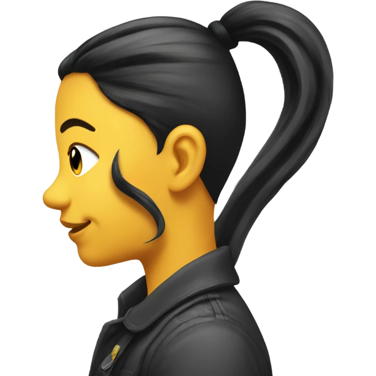 Side profile of a yellow emoji with a pony tail and a big black circle on her cheeck emoji