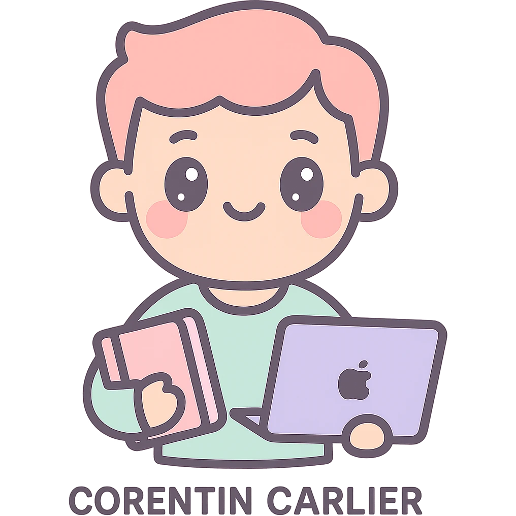 Corentin Carlier in kawaii style, smiling, with a book and a laptop emoji