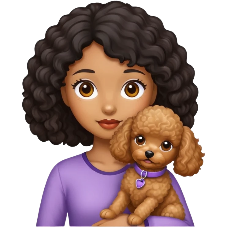 Girl wavy black hair brown skin and apricot toy poodle emoji