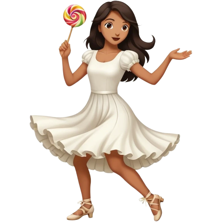 Beautiful woman in 1950’s woman fashion look, white dress, long dark brown hair, balboa couple dance, lolly kicks movement  emoji