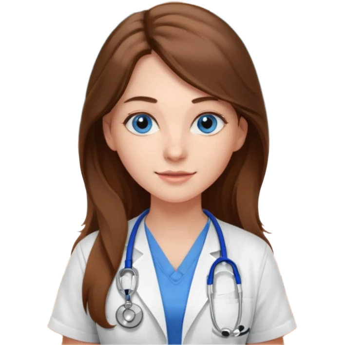 inside a classroom at university, a pretty female nursing student with long brown hair, blue eyes emoji