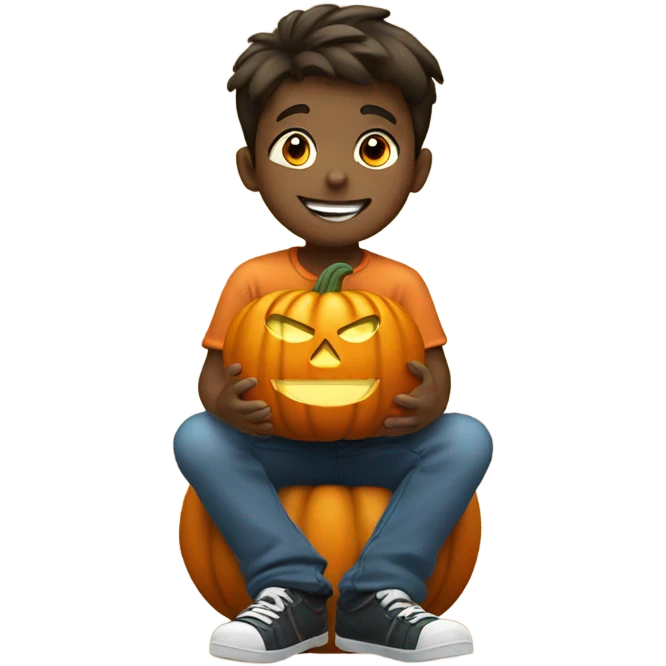 boy sitting with pumpkin smile emoji