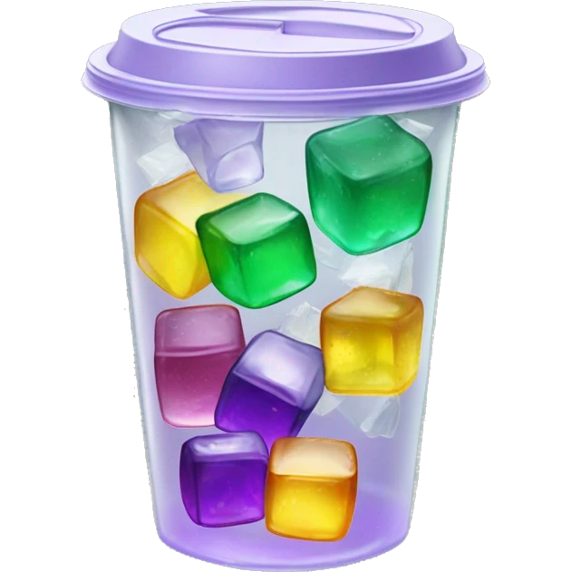 Realistic see through plastic cup and lid with half full Transluscent yellow, green ,purple soda,straw and large ice cubes inside. emoji