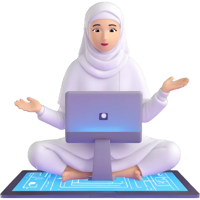 computer engineer with white hijab immersed in augmented reality, surrounded by floating metaverse elements, digital codes, virtual machines, tech graphics emoji